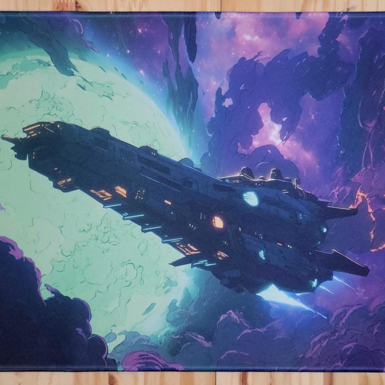 May include: A digital art print featuring a futuristic spaceship soaring through a vibrant nebula. The spacecraft is dark, detailed, and contrasted against a backdrop of swirling purples, blues, and a green planet. The artwork evokes a sense of space exploration.