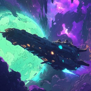May include: Digital artwork of a futuristic spaceship in flight. The spacecraft is dark gray with glowing blue and orange lights, set against a backdrop of a green planet and purple nebula clouds. The scene evokes a sense of space exploration.