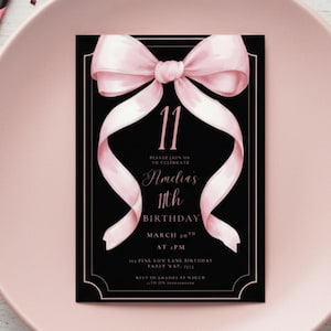 Pink and Black Bow 11th Birthday Invite, Girls Ribbon Party Invitation, Editable Canva Template