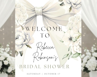 She's Tying the Knot Bridal Shower Welcome Sign, Editable Elegant White Bow Bridal Welcome Poster, Canva Template