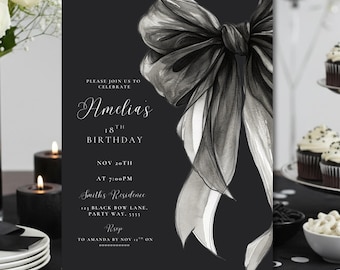 Editable Black Bow Birthday Invitation, Minimalist Coquette Ribbon Invite, 16th 18th 21st 30th, Canva