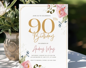 Modèle sur toile d'invitation pour une fête d'anniversaire 90e anniversaire, faire-part floral rose pastel