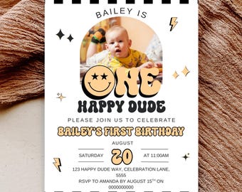 One Happy Dude First Birthday Invitate Retro Boy Photo 1st Birthday Invite Yellow Happy Face Editable Fist Birthday Party Printable Canva