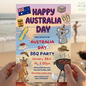 Convite para o Dia da Austrália, Convite editável para festa de churrasco do Dia da Austrália, Modelo digital do Canva
