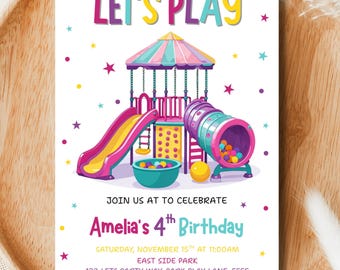 Playground Birthday Party Invitation Girl Let&#39;s Play Jungle Gym Party Indoor Playground Soft Play Bounce & Jump Party Park Invite Canva Edit