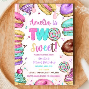 Two Sweet Birthday Invitation Two Sweets and Treats Invite 2nd Girl Birthday Party Invitation Dessert Candy Sweets Donut Lollies Invite