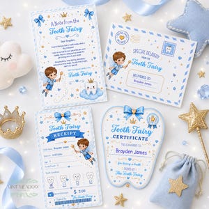 Boy Tooth Fairy Letter & Receipt Bundle, Editable Blue Tooth Fairy Certificate, Canva Template