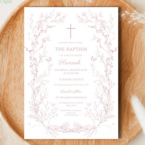Invitación de bautizo floral vintage para niña, plantilla de invitación con flores rosas, invitación de bautizo, plantilla rosa polvoriento, primera comunión de la época victoriana.