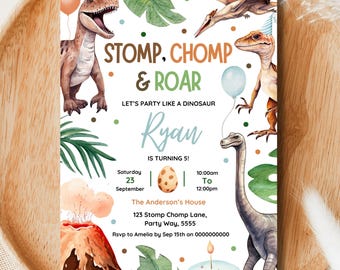 Dinosaur Birthday Party Invitation Template Dino Party Stomp Chomp Roar Birthday Invite Jurassic Dinosaur Party Editable Canva Template