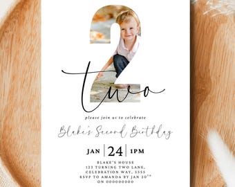 Second Birthday Invitation 2nd Birthday Photo Party Boy Invite Boho Two Year Old Girl Birthday Invitation Editable Digital Second Birthday