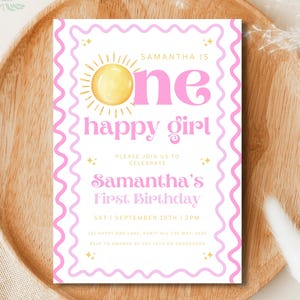 Editable One Happy Girl Birthday Invitation Little Sunshine Birthday Invite Template Pink First Lap Around The Sun Girl Invite Canva Edit