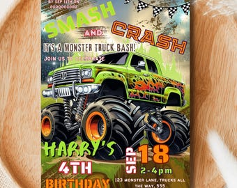 May include: A green monster truck birthday party invitation with the text "SMASH and CRASH". The invitation includes the text "HARRY'S 4TH BIRTHDAY" and event details. The invitation is on a wooden tray.