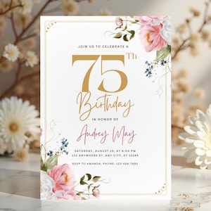 Convite digital editável para festa de aniversário de 75 anos com tema floral e surpresa.
