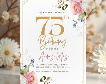 Editable 75th Birthday Invitation, Floral Surprise Party Invite Digital Template