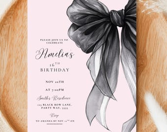 Editable Black Bow Birthday Invitation Minimalist Black Bow Birthday Invite Black Ribbon Coquette Pink 16th 18th 21st 30th Party Canva