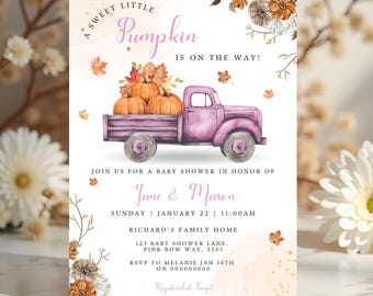 Pink Truck Fall Shower Invite Little Pumpkin Baby Shower Invitation Autumn Baby Shower Girl Invite Editable Printable Canva Download