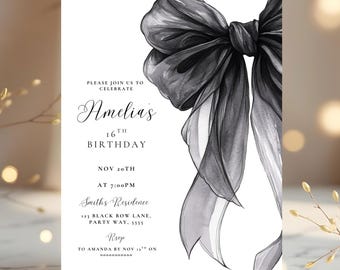 Editable Black Bow Birthday Invitation Minimalist Black Bow Birthday Invite Black Ribbon Coquette 16th 18th 21st 30th Birthday Party Canva