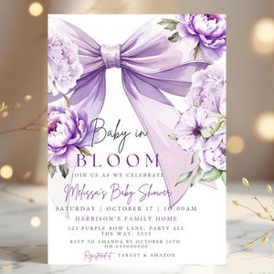 Purple Bow Baby Shower Invitation Editable Lavender Bow Baby Shower Invite Coquette Bow Baby Shower Invitation Gender Neutral Boy Girl Canva