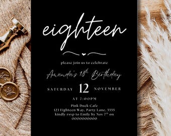 Editable 18th Birthday Invitation Template Eighteen Birthday Party Invite Black and White Party 18th Invite Minimal Eighteen Invite Canva
