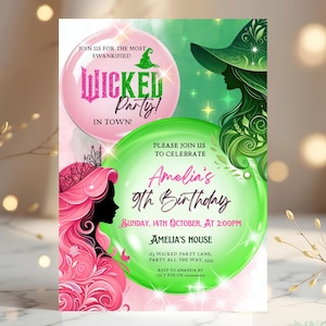 Wicked Birthday Party Invitation Wicked Theme Invite WICKED Inspired Movie Invite Elphaba & Glinda Movie Party Pink and Green Canva Editable