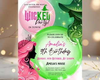 Wicked Birthday Party Invitation Wicked Theme Invite WICKED Inspired Movie Invite Elphaba & Glinda Movie Party Pink and Green Canva Editable