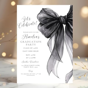 Editable Black Bow Graduation Party Invitation Grad Announcement Template Minimalist Graduation Invite Grad Party Invite Elegant Black Bow