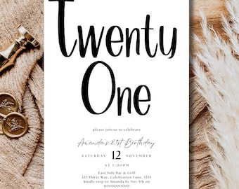 Minimal 21st Birthday Party Invitation Template Printable Simple Modern Twenty One Invite Editable Any Age Invite Black and White Canva Edit