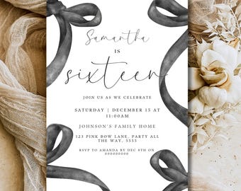 Editable Black Bow Birthday Invitation Coquette Black Bow Girl Party Invite Black Ribbon Sweet 16 Minimalist Birthday Invite Sweet Sixteen