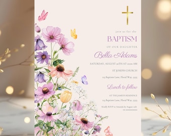 Floral Baptism Invitation Girl Flower First Communion Invite Template Christening Invitation Pink Floral Butterfly Sweet Girl Baptism Canva