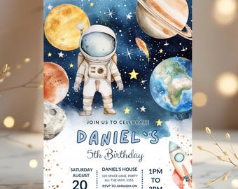 Space Birthday Party Invitation Galaxy Invite Space Birthday Invite Astronaut Outer Space Space Rocket Planets Boy Girl Party Canva Template