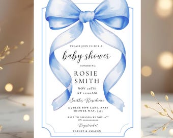 May include: A baby shower invitation featuring a watercolor illustration of a light blue bow and ribbon. The invitation includes the text "Please join us for a baby shower honoring Rosie Smith" and event details.