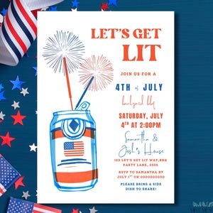 Lasst uns angezündet 4. Juli Grilleinladung Bearbeitbar 4. Juli Kochparty einladen Vierter Juli Burger Hotdogs Bier Feuerwerk USA Canva