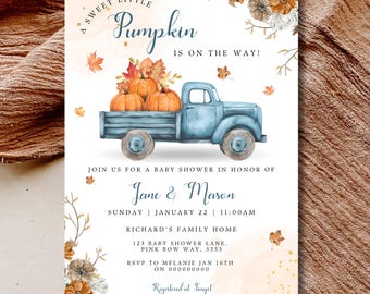 Invito per baby shower autunnale con camioncino blu, invito per baby shower a tema zucca, invito per baby shower autunnale modificabile e stampabile, download da Canva