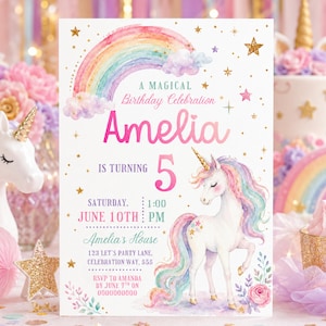 May include: A rectangular birthday invitation card featuring a watercolor rainbow, clouds, and a unicorn with a pastel mane. The text reads: A MAGICAL Birthday Celebration Amelia IS TURNING 5 SATURDAY, JUNE 10TH 1:00 PM Amelia's House 123 LET'S PARTY LANE.