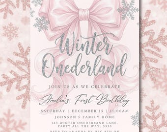 Invitación editable de Winter Onederland, invitación de primer cumpleaños de niña con copo de nieve en rosa y plata, 1er cumpleaños