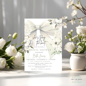 She's Tying the Knot Bridal Shower Invite Elegant White Bow Bridal Invite White Ribbon Wedding Shower Invites Floral Bridal Shower Canva image 6