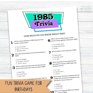 Printable 1985 Trivia Party Game 40th Birthday Party Activities Printable Fun Facts Game Night 1985 Party Games Instant PDF Download