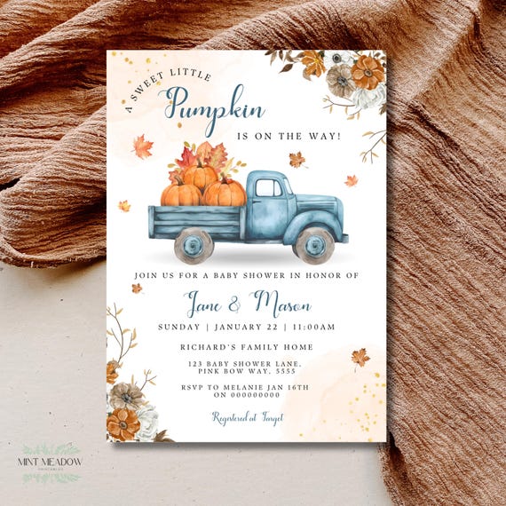 Blue Truck Fall Shower Invite Little Pumpkin Baby Shower Invitation Autumn Baby Shower Invite Editable Printable Canva Download