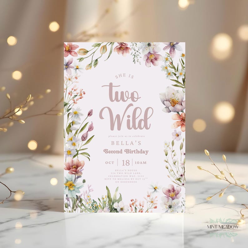 May include: A floral-themed birthday invitation with the text "She is Two Wild." The invitation features a light pink background with watercolor flowers in shades of pink, white, and green. The text "Bella's Second Birthday" is also included.