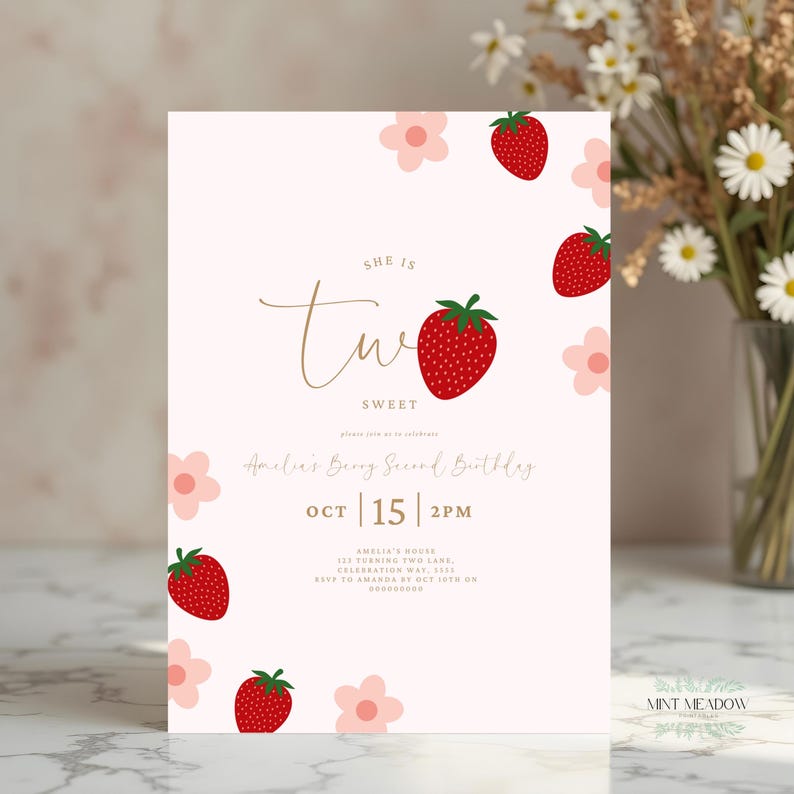 Op de afbeelding: Een lichtroze verjaardagsuitnodiging met aardbeien- en bloemillustraties. De tekst luidt "She is Two Sweet" en "Amelia's Berry Second Birthday" met datum en tijd. De uitnodiging is versierd met rode aardbeien en roze bloemen.