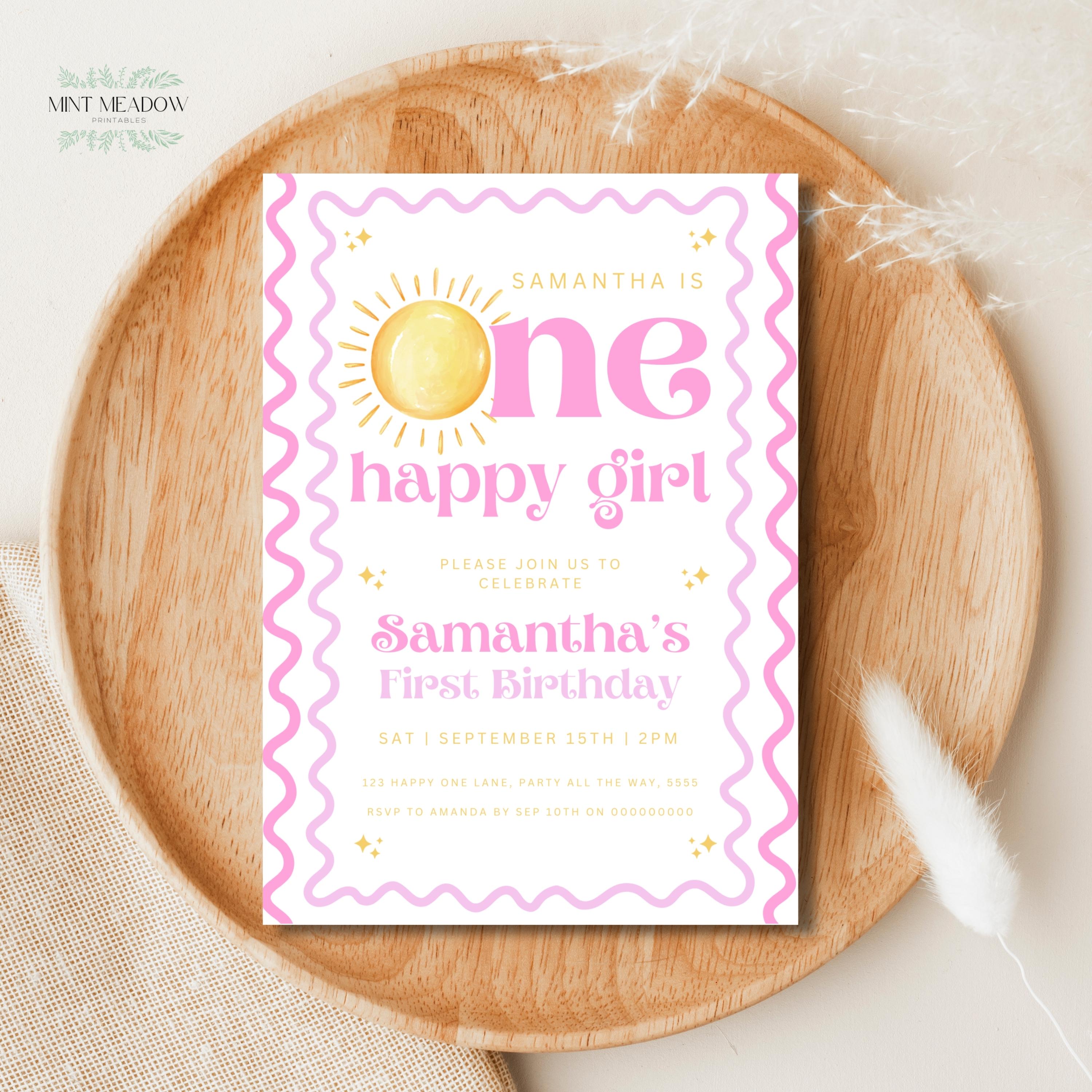 Editable One Happy Girl Birthday Invitation Little Sunshine Birthday Invite Template Pink First Lap Around The Sun Girl Invite Canva Edit