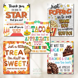 May include: A collection of five colorful appreciation cards with various themes. One card reads "Thank you for being the STAR", another says "Let's TACO about how much we appreciate you!", and others feature phrases like "Just Popping in to say THANK YOU".