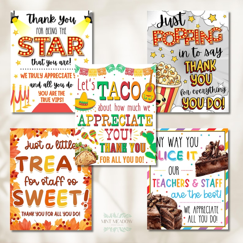 May include: A collection of five colorful appreciation cards with various themes. One card reads "Thank you for being the STAR", another says "Let's TACO about how much we appreciate you!", and others feature phrases like "Just Popping in to say THANK YOU".