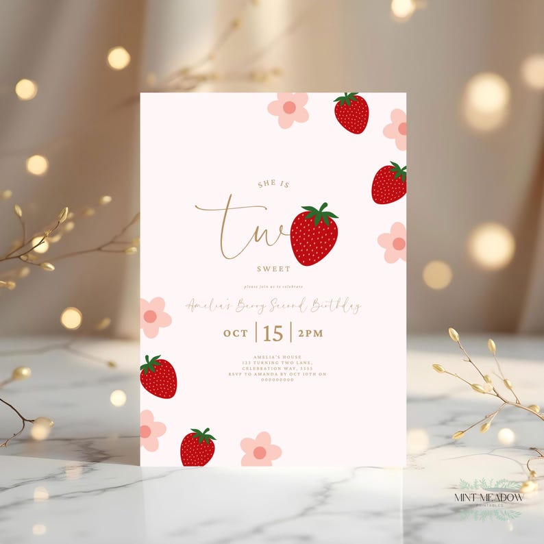 Op de afbeelding: Een lichtroze verjaardagsuitnodiging met een aardbeienthema. De tekst luidt "She is Two Sweet" met de datum en tijd van het feest. De uitnodiging is versierd met rode aardbeien en roze bloemen.