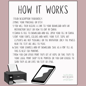 May include: A white background with the text "HOW IT WORKS" in black. The text explains the process of purchasing and editing a digital invitation, with illustrations of a printer and a smartphone.