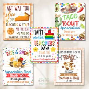 May include: A collection of colorful teacher appreciation cards. The cards feature various designs, including a pie, tacos, and a trail of nuts. Each card includes text such as "Thank You" and "Appreciation Time!"