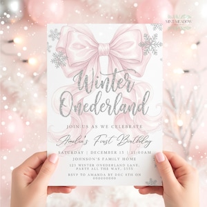 Editable Winter Onederland Invitation, Girl Snowflake First Birthday Pink Silver Wonderland Invite 1st Birthday