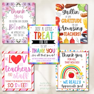 May include: A collection of five colorful teacher appreciation cards. The cards feature various designs, including floral arrangements, a rainbow, and grilling-themed graphics. Each card includes text expressing gratitude to teachers.