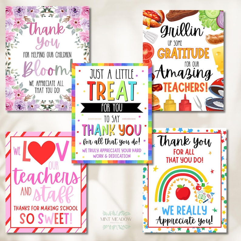 May include: A collection of five colorful teacher appreciation cards. The cards feature various designs, including floral arrangements, a rainbow, and grilling-themed graphics. Each card includes text expressing gratitude to teachers.