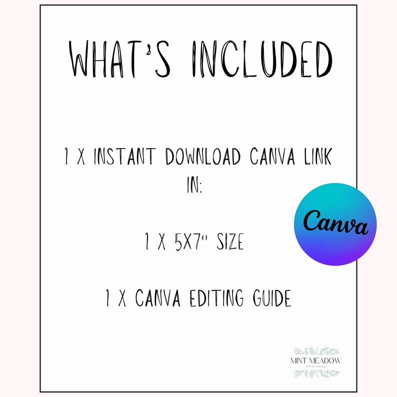 Op de afbeelding: Witte achtergrond met de tekst "WHAT'S INCLUDED" en details over een Canva-download. Bevat een formaat van 5x7 inch en een Canva-bewerkingsgids. Een Canva-logo is te zien.